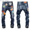 Herr jeans designer jean mens pants badge rippor stretch svart jeans klassiska hål smala passade tvättade motocycle höst denim byxor high street byxor z230720