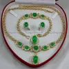 Natural Green Jade Inlay Link Bracelet earrings Ring Necklace Set Gift Box210N