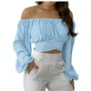 Men's Sweaters Women Elegant Off Shoulder Print Blouse Sexy Lace Up Bow Backless Slim Shirt Casual Long Sleeve Chic Crop Top Streetwear