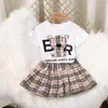 New Kids Girls dress Summer Clothing Sets Short Sleeve Top T-shirt Plaid Skirts Children Baby Clothes Set 2pcs191F