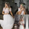 Sommer Boho Zweiteilige Brautkleider U-Boot-Ausschnitt mit kurzen Ärmeln Böhmische Strandhochzeitskleider Lange Chiffon-Brautkleider330D