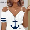 Women's Blouses Shirts Women Chic Anchor Pattern Zipper Decor Chain Straps Basic Short Sleeves Silt Blouse Tops 230719