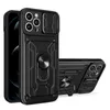 Kortslucka Pocket Telefonväskor Fall för iPhone 15 14 Plus 13 12 11 Pro Max Slide Camera Cover Protection Design Kickstand XSMAX XR XS X 7 8 Plus telefonfodral