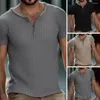 Herren T-Shirts Männer Tops Retro Waffelstruktur Elastisch Slim Fit O-Ausschnitt Knöpfe Ausschnitt Kurzarm T-Shirt Streetwear