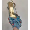 Sandallar yay düğmesi kristal sivri denim stiletto kapak ayak parmağı slingback sandalet ayak bileği düğmesi ince yüksek topuklu ayakkabılar kadınlar 230719