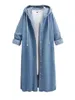 Trench Coats Feminino Primavera Outono Moda Cor Sólida Lace Up Com Capuz Feminino Loose Blue Jeans Casaco Denim Longo High Street Style Cardigã