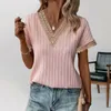 Women's Blouses Summer Top Chic Streetwear Pleated V-neck Tee With Lace Neckline Short Sleeve T-shirt For A Loose Fit Stylish Look