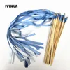 Banner Flags ARRIVED 50/20/10pcs/lot light blue wedding ribbon wands stick with gold bell 230720