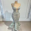 2021 Plus Size Árabe Aso Ebi Luxuoso Sereia Renda Vestidos de Baile Frisado Decote Transparente Noite Festa Formal Vestidos de Segunda Recepção ZJ245v