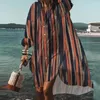 Abiti casual Camicie da donna con stampa a righe colorate vintage Abito da spiaggia a maniche lunghe irregolare monopetto primavera