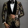 Gold Jacquard Men Suits Shawl Lapel Slim Fit Groom Tuxedo Male Fashion Prom Compuume Blazer Vest With Pants1275f