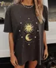 Camiseta Feminina Sun Moon Printing Harajuku Graphic T Shirts Summer Y2k T-Shirt Manga Curta Gótico Preto Branco Feminino Tree Cat Pattern Tee-Shirts 230719