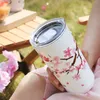 Tumblers rostfritt stål Cherry Blossom Cup Dubbel väggkaffe med täckläcka Proof Travel Camping Tea Roller Drink 230719