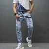 Männer Jeans 2023 Herren Overalls Slim Löcher Riemen Denim Hosen Teenager Streetwear Overall Große Größe Strampler