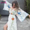 Basic Casual Dresses Jastie Embroidered Women Maxi Dress V-Neck Batwing Sleeve Loose Oversize Summer Dresses Drawstring Waist Boho Beach Vestidos 230719