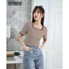 Women's T Shirts Toyouth Women T-shirt 2023 Summer Short Sleeve Square Neck Slim Stretch Tees Classic Stripe Design Casual Chic Basic Tops