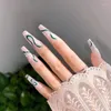 False Nails Green Wave Long Coffin Fake 24pcs Ballerina With Pattern Glue On Shiny Nail Tips For Women And