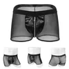 Men's Shorts Sexy Underwear Transparent Mesh Boxers With Zipper PU Male Panties Fetish Stripper Erotic Lingerie Open Underpants