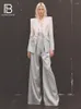 Women's Two Piece Pants Dresses For Women 2023 Spring Grey Color Block Long Sleeves Slim Blazer Flare Lady's Suit Party Evening Cocktail