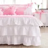 3 4 pièces coton rose princesse ensemble de literie dentelle bord solide rose et blanc couleur double reine roi chambre ensemble housse de couette lit jupe318c