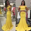 New Light Yellow Fromal Dress Elastic Satin 2 Piece Off The Shoulder Boat Neck Mermaid Long Cheap Evening Dress Party Gowns158u