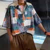 メンズカジュアルシャツ2023夏のファッショントレンド印刷短袖シャツアイスシルクファブリックラペルカラールーズブラック/グリーンカラーM-2xl