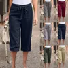 Calças femininas oversize capri cor lisa pantalones cintura elástica pantalones gravata borboleta rendas respirável pantalones 2023