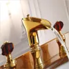 3 pCS 8 Widespread Basin Lavatory sink Faucet Waterfall Gold Tap red crystal handles341T