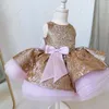 Vestidos para meninas Saia Princesa Rosa Glitter Dourado Fofa Roupas para Primeira Comunhão Flor Bonito Crianças Vestido de Aniversário Feito à Mão