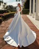 Elegant Square Neck A Line Wedding Bridal Dresses Short Sleeve Backless Satin Ruched Church Wedding Gowns