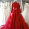 2021 robes de bal musulmanes arabe col haut rouge robes de soirée modestes manches longues tulle cristal perles une ligne fermeture éclair formelle réception224L