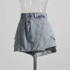 Saias Primavera/Verão Irregular Cintura Alta Evasê Denim Saia Para Mulheres Shorts De Pernas Largas Antibrilhantes Curtos Do Velho