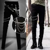 Mens Punk Rock Black Jeans Lap Hip Rivet Slim Fit Biker Denim Pants Boys DJ Singer Stage Ripped Skinny Jeans With Belts & Chains261G