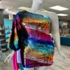 Multi-Color Cocktail NYE Dress 2023 Long Puff Sleeve Rainbow Sequins Lady Formal Event Party Gown One-Shoulder Short Club Night Ou217D