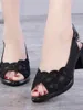 Sandálias femininas verão malha causal boca de peixe salto grosso salto semi-alto vazado fundo macio mom sapatos Zapatos para mulheres