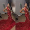 Sparkle Mermaid Red Prom Dresses 2020 Deep V Neck Lace Appliques Mermaid Sequin Feather Court Train Girls Evening Dresses193d