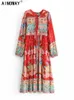 Urban Sexy Dresses Vintage Chic Fashion Women Long Sleeve Tassel Red Floral Print Beach Bohemian Maxi Ladies Cotton Pleated Boho Dress Robe 230719