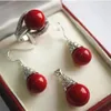 Prett Lovely Damen-Hochzeits-Charm Jew 656 12 mm roter Muschelperlen-Anhänger, Halskette, Ohrringe, Ring-Set274Y