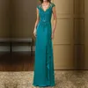 Turquoise A-Line Evening Dresses V Neck Lace Appliques Chiffon Mother Of The Bride Dresses Custom Mother Beads Godmother Gowns DH1243c