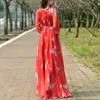 Grundläggande avslappnade klänningar Boho Red Print Chiffon Beach Maxi klänning en linje muslimsk mode långärmad kvinnor klänning elegant fest reser po pografi 230719