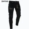 ZEMTOO Jeans déchirés noirs pour hommes lavés pantalons effilochés fermeture éclair décoration pants282U