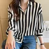 Blusas femininas pretas brancas listradas camisas para mulheres primavera outono 2023 coreano solto botão para cima gola virada para baixo manga comprida blusas casuais