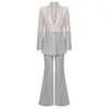 Women's Two Piece Pants Dresses For Women 2023 Spring Grey Color Block Long Sleeves Slim Blazer Flare Lady's Suit Party Evening Cocktail