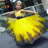 2019 Jaune et Bleu Royal Dentelle Petites Robes De Filles De Fleur Fête De Mariée Cendrillon Princesse Style Robes De Bal Pour Les Mariages K238Q