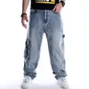 Herr jeans y2k multi porkets överdimensionerade loss brädbyxor denim baggy casual hip hop streetwear byxor retro blå full längd