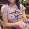 女性用Tシャツかわいい紫色のステッチプリントTシャツ半袖夏Y2KグランジフェアコアOネッククロップトップ