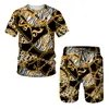 Erkek Trailtsits Yaz Altın Aslan Heykeli Desen 3D Baskı Erkek Tişört/Şort/Takım Barok Stil Kısa Sleeve Hip Hop Sokak Giyim Seti 230719