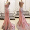 Bling Bling Elegant Pink Long Mermaid Evening Dresses Crystal Beaded Short Sleeves Women Crystal Beaded Formal Prom Dress285p