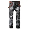 Heren Biker Jean-broek Hi-Street Slim Fit Painted Denim Joggers Mannelijke Rechte Geplooide Moto Jeans Pants254Z