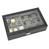 Boîte de rangement pour lunettes en cuir synthétique avec couvercle transparent et 6 grilles et 3 verres de rangement232F